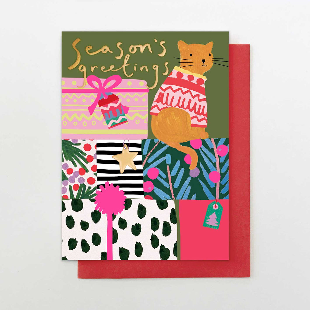 Cat on Presents Christmas card