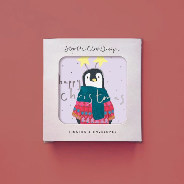 Card Pack of 8 - Happy Christmas Festive Penguin