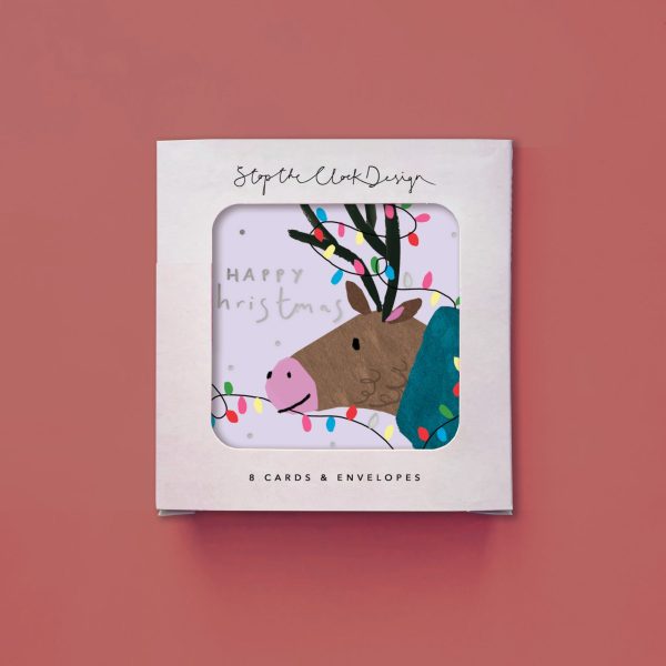 Christmas Card Pack of 8 - Happy Christmas Reindeer & Lights