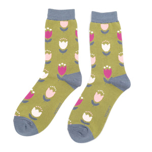 Tulips ladies bamboo socks moss green