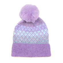 Load image into Gallery viewer, Lilac And Blue Diamond Design Pompom Bobble Hat
