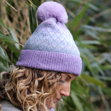 Load image into Gallery viewer, Lilac And Blue Diamond Design Pompom Bobble Hat
