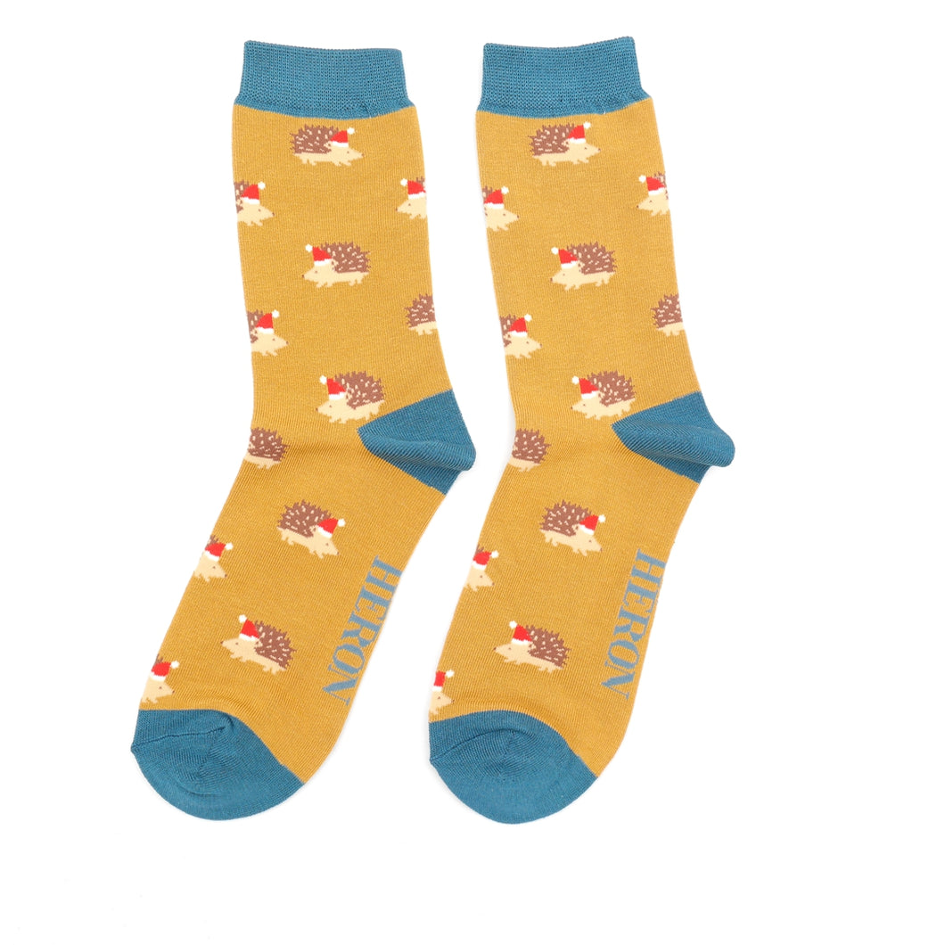 Mr Heron men's bamboo Christmas socks Festive Hedgehogs mustard