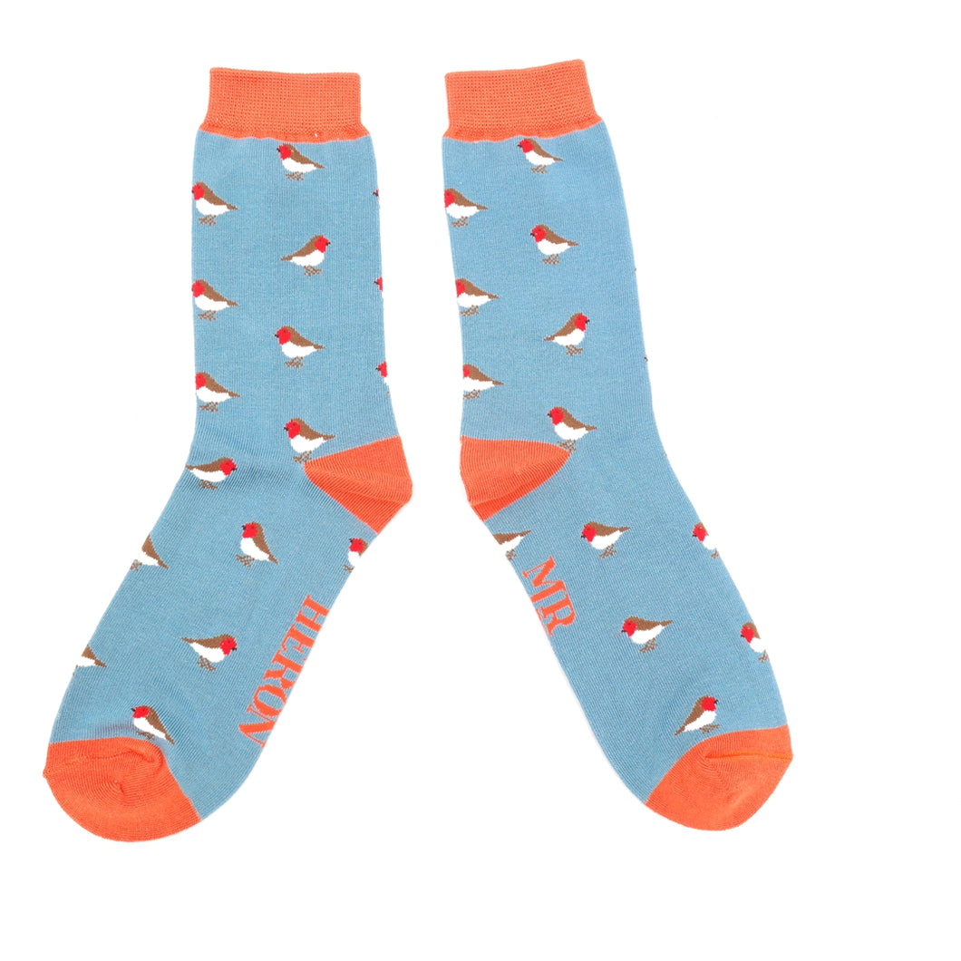 Mr Heron men's bamboo Christmas socks Little Robins denim blue