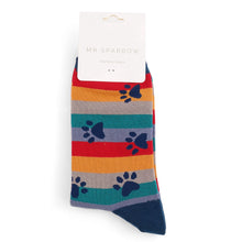 Load image into Gallery viewer, Mr Sparrow mens bamboo socks paw prints and stripes navy
