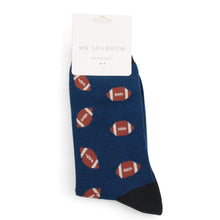 Load image into Gallery viewer, Mr Sparrow mens bamboo socks rugby balls navy
