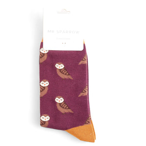 Mr Sparrow mens bamboo socks cute owls aubergine