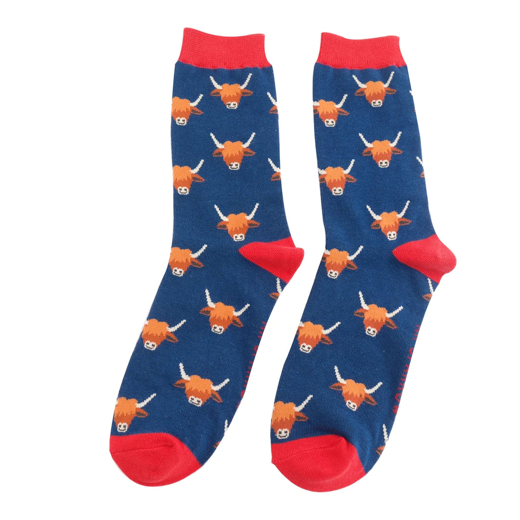 Mr Sparrow men's bamboo socks Highland cows navy