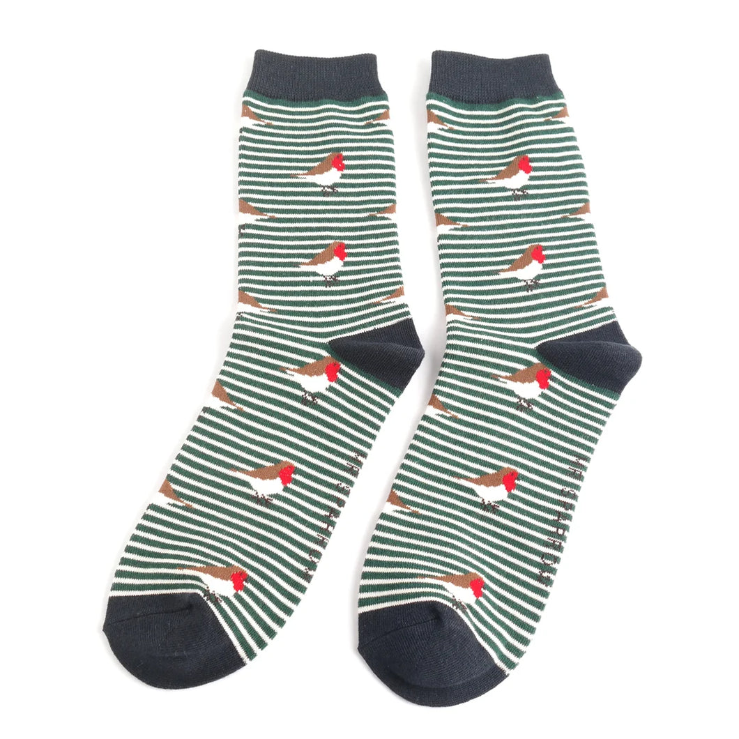 Mr Sparrow men's bamboo socks Robins on Stripes green Christmas