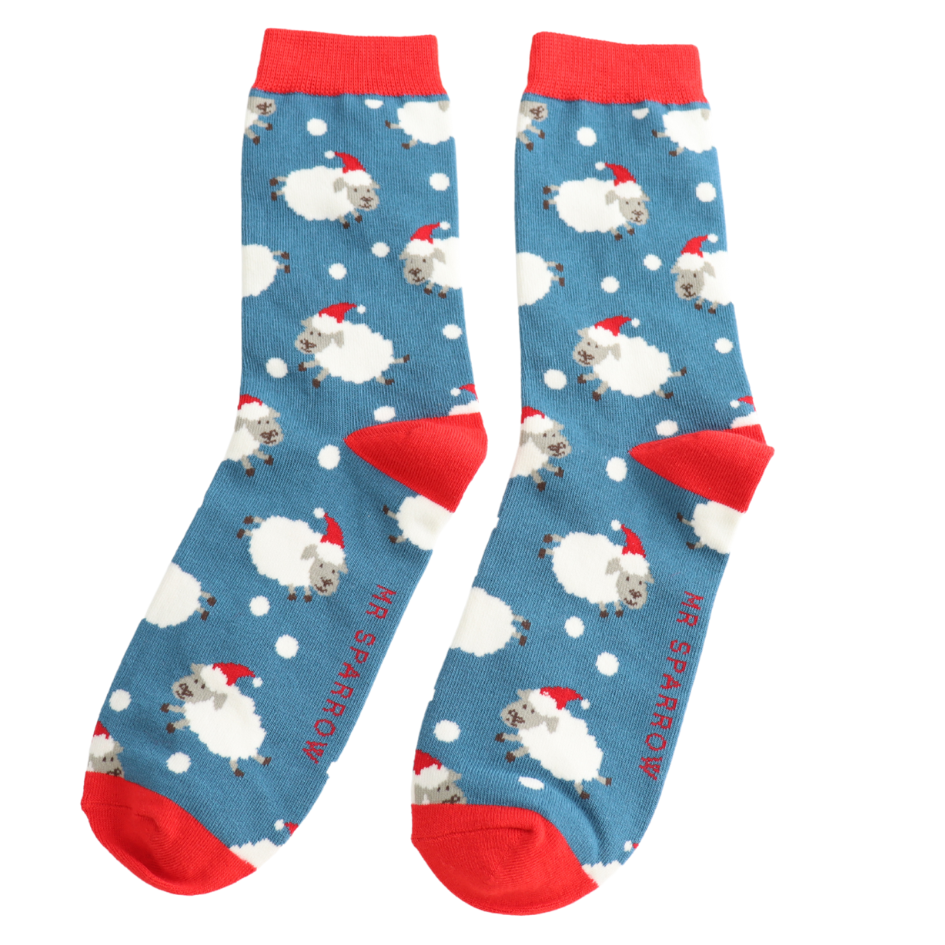 Mr Sparrow Men's Bamboo Socks Santa Sheep Blue