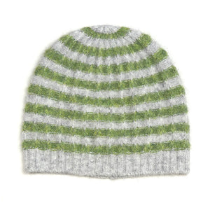 Green & Grey Striped Knitted Beanie Hat