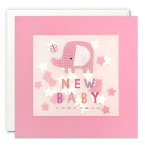 Pink Elephant Paper Shakies New Baby card