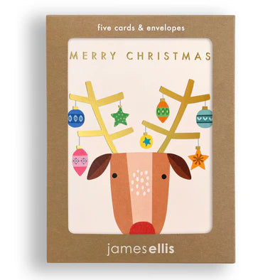 Christmas Card Pack of 5 - Reindeer with Baubles