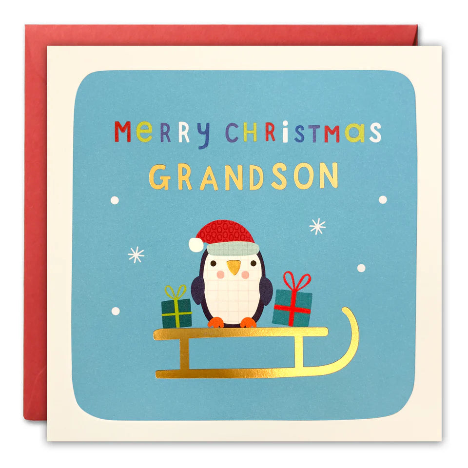 Grandson Penguin Christmas Square Peg Card