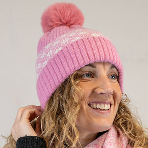 Rose pink and white floral design pompom bobble hat