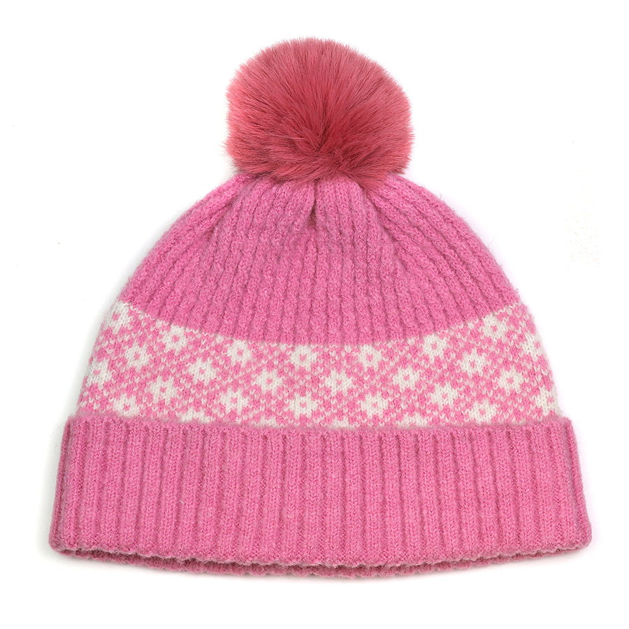 Rose pink and white floral design pompom bobble hat