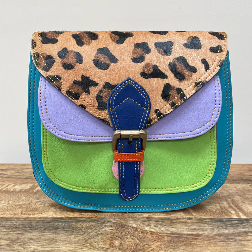 Ruby Aqua Green Leopard Upcycled Leather Handbag