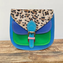 Load image into Gallery viewer, Ruby Blue Green Blue Leopard Upcycled Leather Handbag
