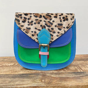 Ruby Blue Green Blue Leopard Upcycled Leather Handbag