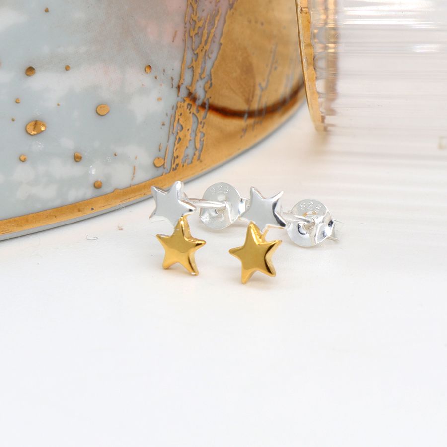 Sterling silver and gold double star earrings