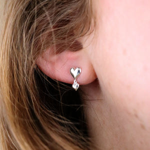 Sterling silver double drop heart stud earrings