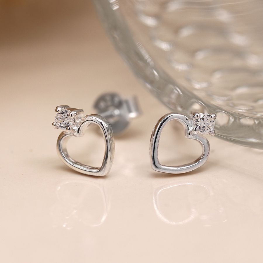 Sterling silver heart crystal cut out stud earrings