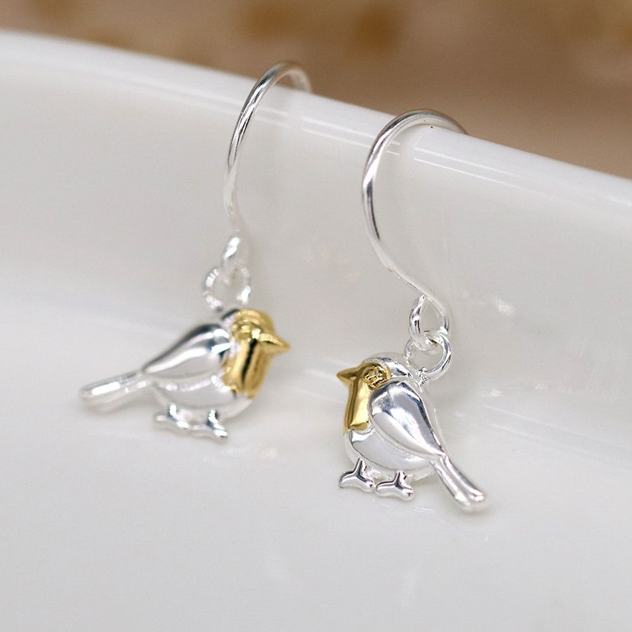 Sterling silver and gold robin drop earrings