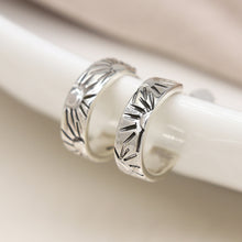 Load image into Gallery viewer, Sterling Silver Embossed Sunbeam Huggie Hoop Earrings

