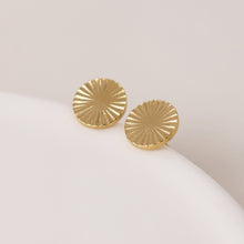 Load image into Gallery viewer, Gold Plated Sunburst Textured Disc Stud Earrings
