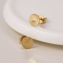 Load image into Gallery viewer, Gold Plated Sunburst Textured Disc Stud Earrings
