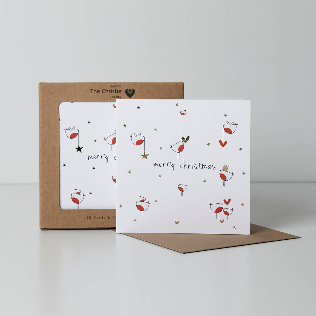 Christmas Card Pack of 10 - Multi Robins stars and hearts
