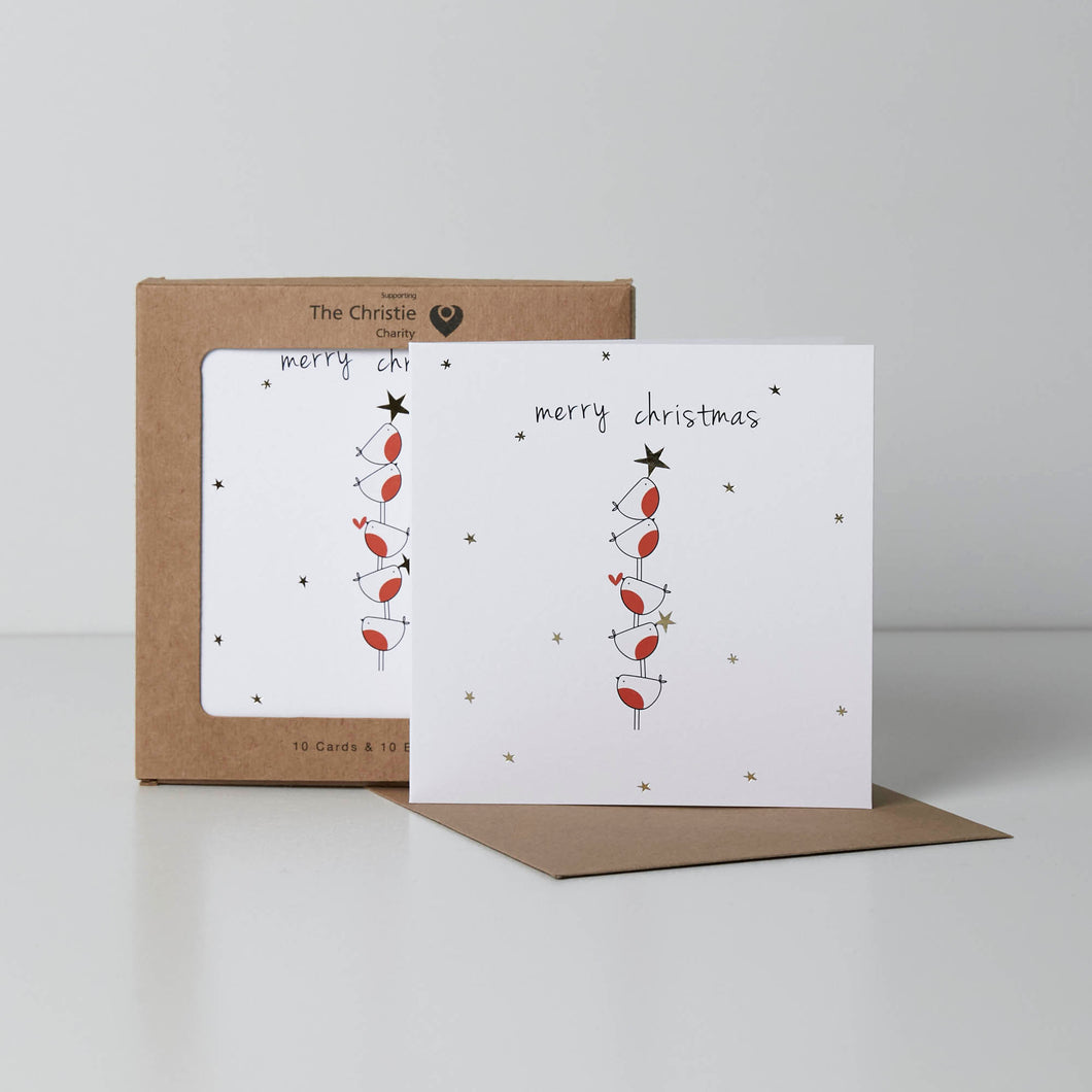 Christmas Card Pack of 10 - Robins Stacked