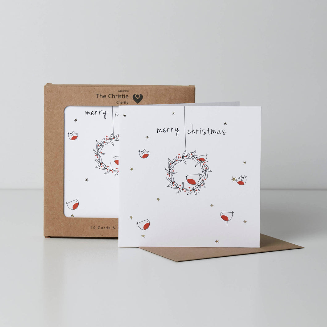 Christmas Card Pack of 10 - Robins Wreath