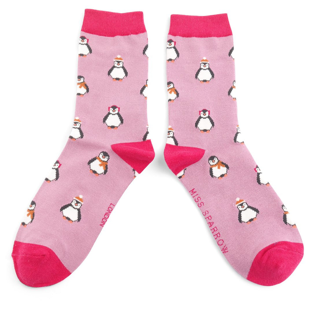 Miss Sparrow Ladies Bamboo Socks Baby Penguins Mauve