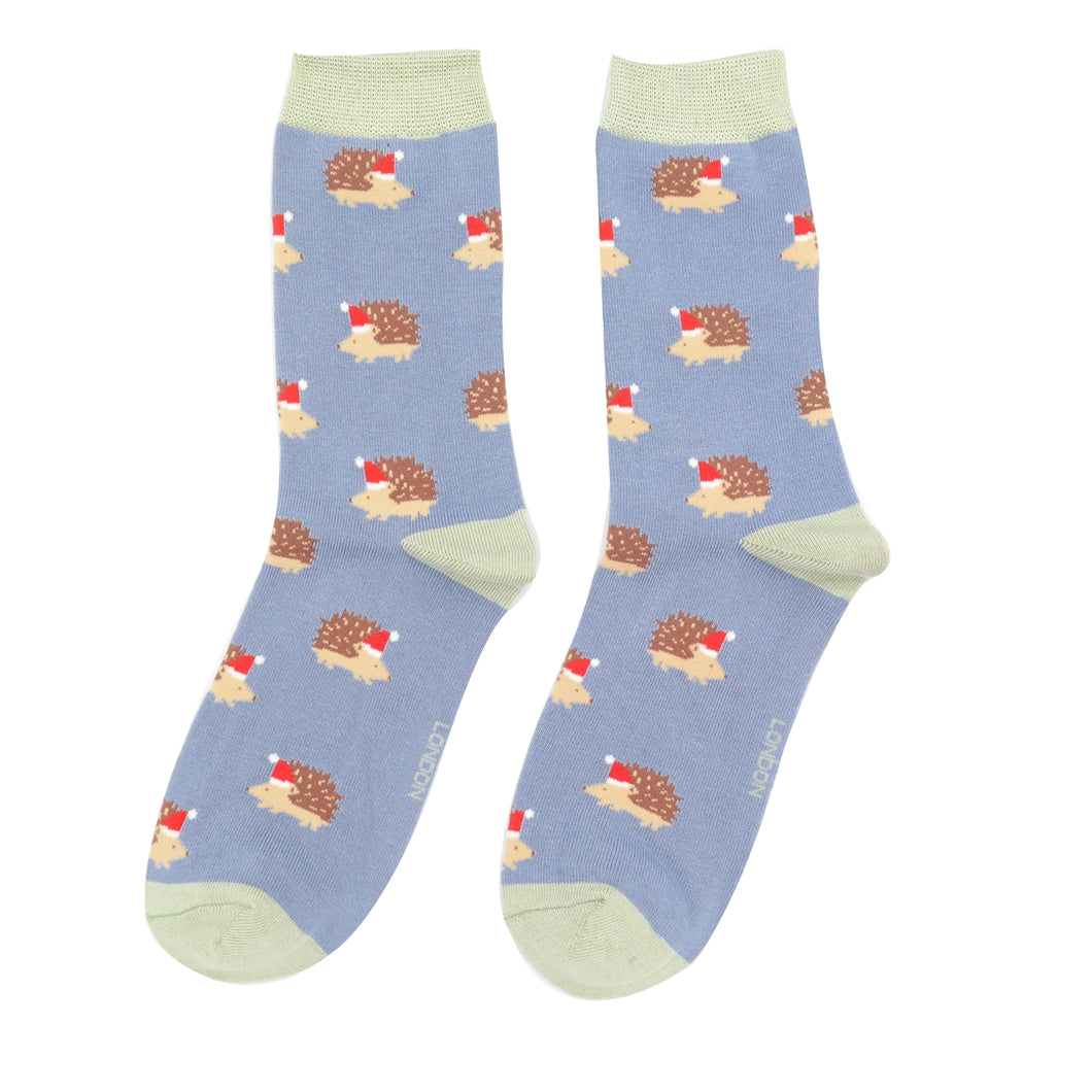 Ladies bamboo Christmas socks Festive Hedgehogs denim blue