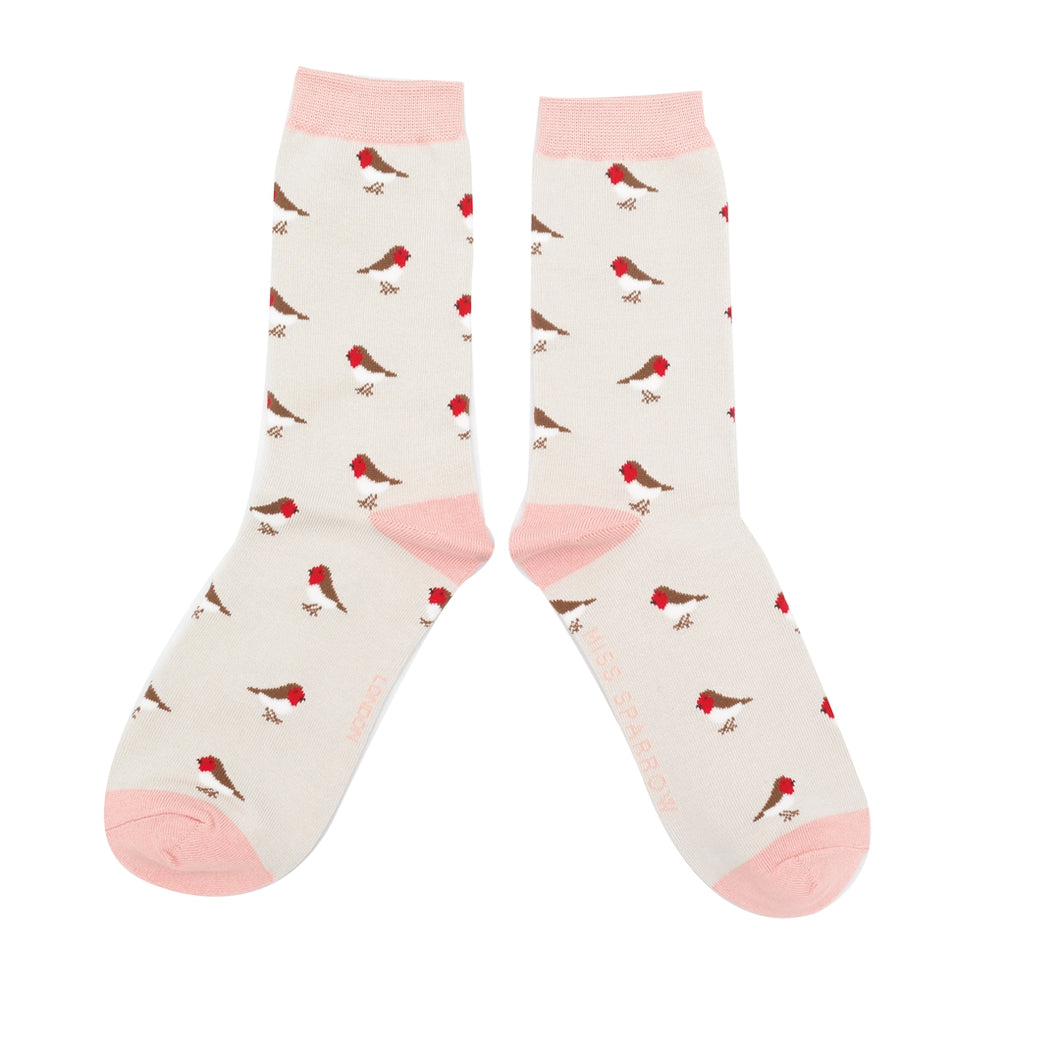 Ladies bamboo Christmas socks Little Robins silver
