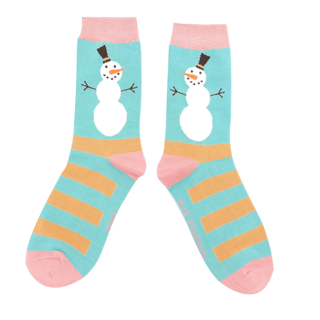 Ladies bamboo Christmas socks Snowman Stripes duck egg