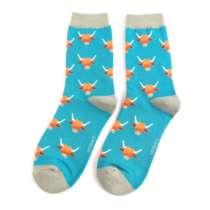 Miss Sparrow Highland Cows Ladies Socks Teal