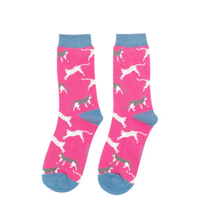 Ladies bamboo socks wandering cats hot pink