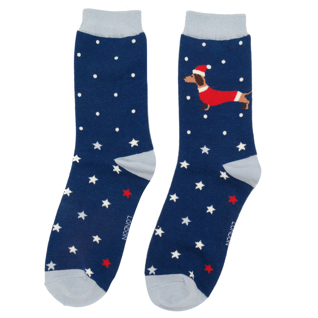 Miss Sparrow Ladies Bamboo Socks Festive Sausage Dogs Navy