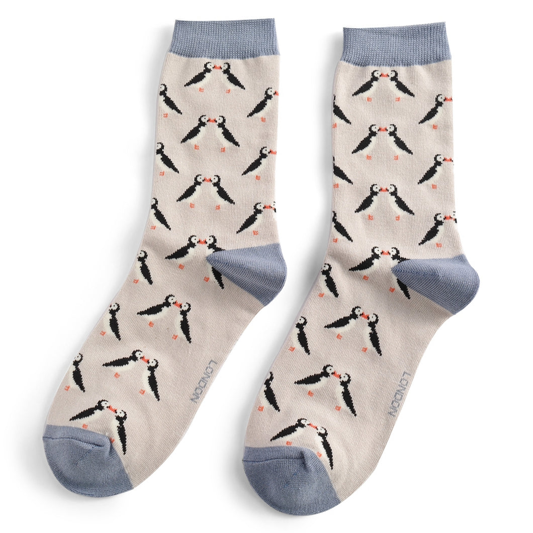 Miss Sparrow ladies bamboo socks kissing puffins silver