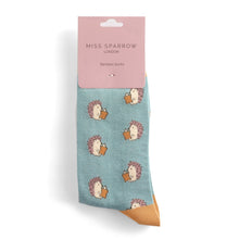 Load image into Gallery viewer, Miss Sparrow ladies bamboo socks reading hedgehogs duck egg
