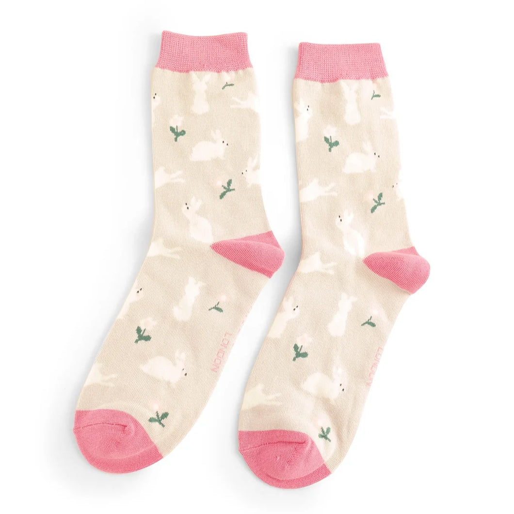 Miss Sparrow ladies bamboo socks bunnies and daisies silver