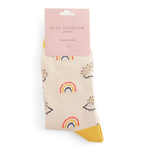 Miss Sparrow ladies bamboo socks hedgehogs and rainbows silver