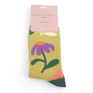 Miss Sparrow ladies bamboo socks retro floral lime
