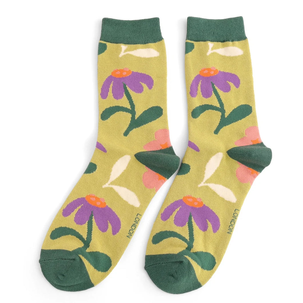 Miss Sparrow ladies bamboo socks retro floral lime