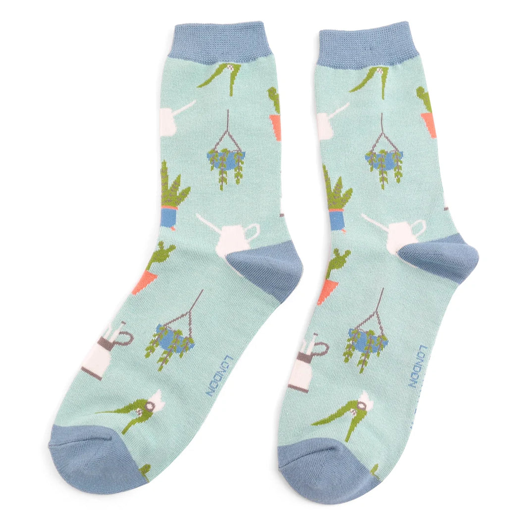 Miss Sparrow House Plants Ladies Socks Duck Egg