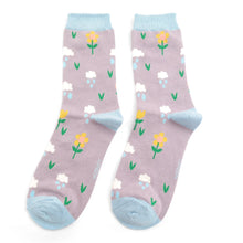 Load image into Gallery viewer, Miss Sparrow Ladies Bamboo Socks Rainclouds &amp; Flowers Lavender
