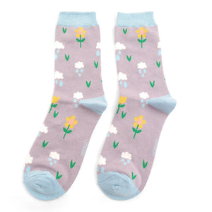 Miss Sparrow Ladies Bamboo Socks Rainclouds & Flowers Lavender