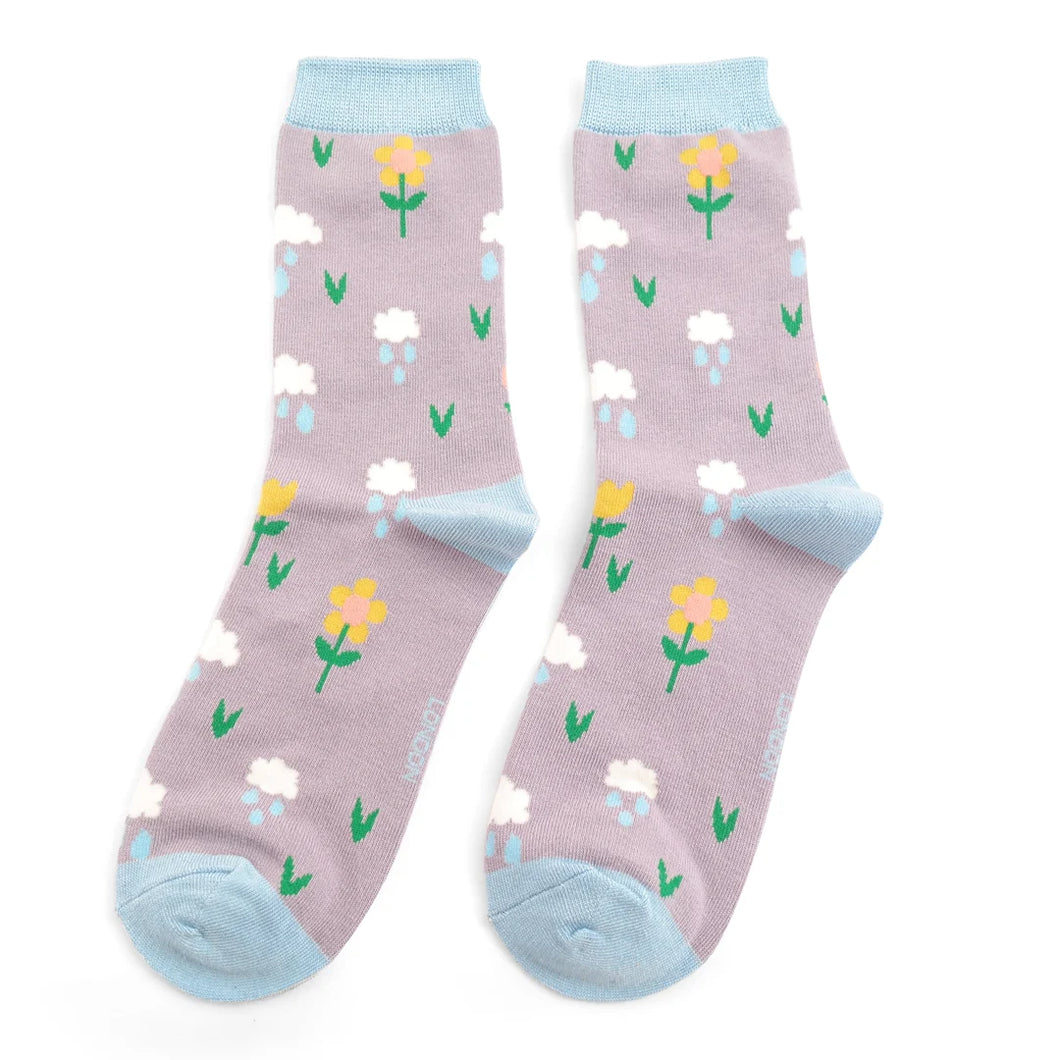 Miss Sparrow Ladies Bamboo Socks Rainclouds & Flowers Lavender